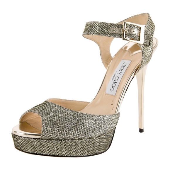 Jimmy Choo Shoes - JIMMY Choo Size 40 Gold Glitter "247 Linda" Platform Sandals Stiletto Heels